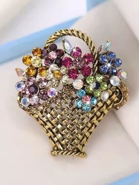 Vintage Gold Floral Basket Brooch Multicolor Crystal Luxury Statement Pin